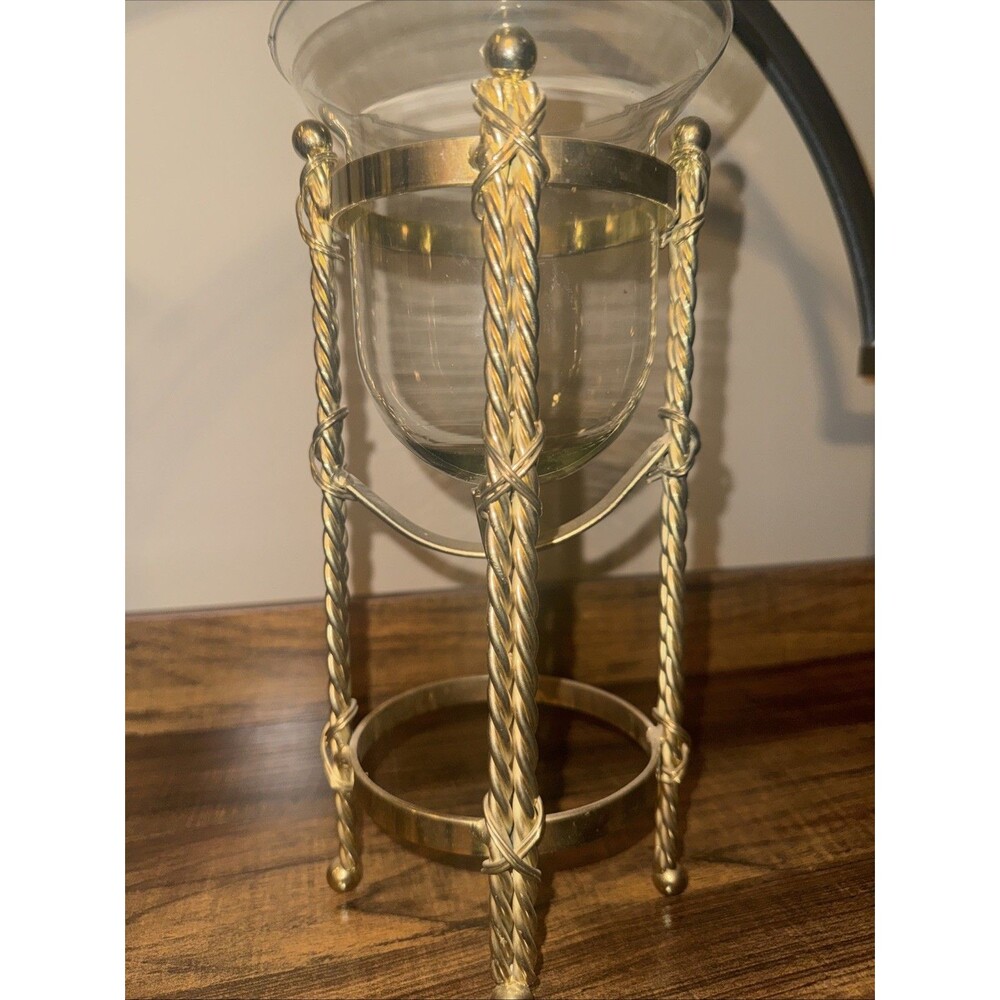 Vtg Brass Candle Stand Holder Twisted Rope Design with Glass Bowl 11" HOMCO